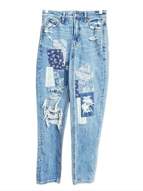 American Eagle Patchwork Mom High Rise Straight Leg Distressed Jeans Size 00